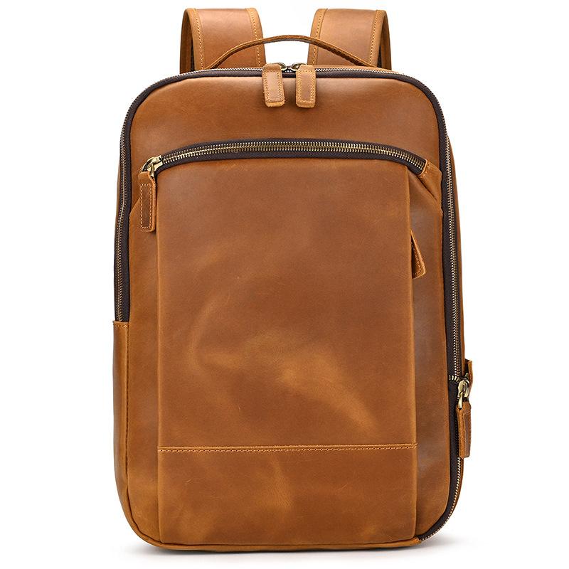 Retro Backpack Double Zipper Main Bag Leather Backpack Large Capacity Mad Horse Leather Outdoor Travel Bag Leisure Computer Bag