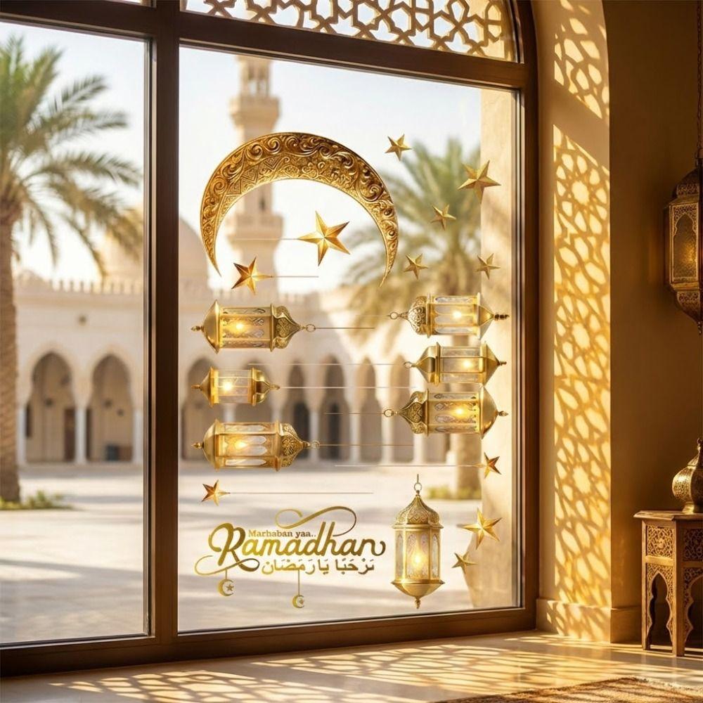 Eid Mubarak Ramadan Wall Decor Stickers Lantern Moon Star Transparent Static Cling Sticker Removable Gold-Vermeil Finish