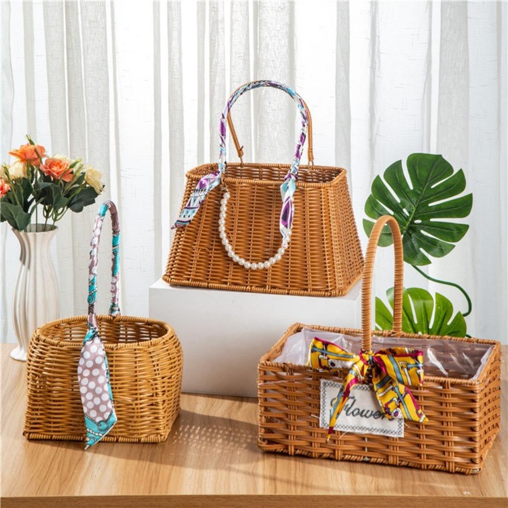 Durable Bamboo Flower Basket Long Handle Imitation Rattan Storage Basket Valentine's Day