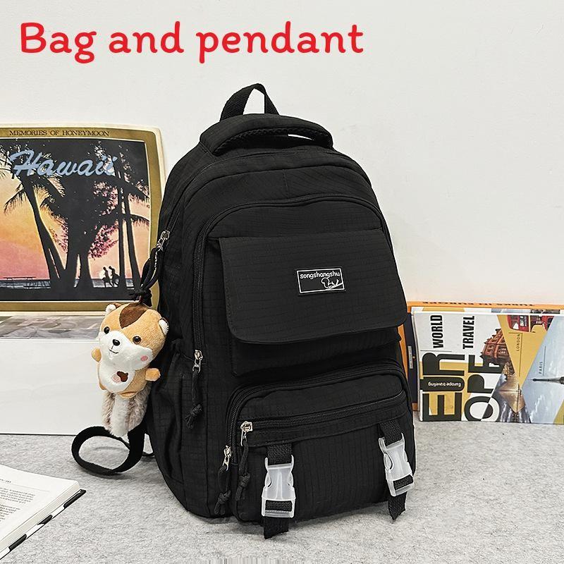 Simple Color Solid Checkered Texture Student Backpack With Pendant Plush
