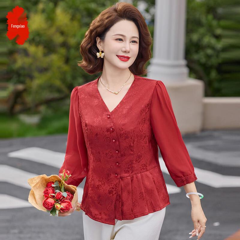 FENGXIAO Women s Floral Embroidered Mid-Sleeve Blouse 3XL