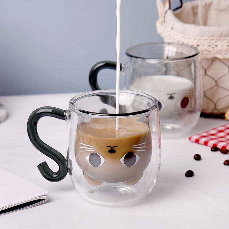 Kreativer Cartoon-Katzen-Doppelbecher für den Haushalt, große Kapazität, Trinkbecher mit Griff, transparent, hochtemperaturbeständiges Glas, Kaffeetasse