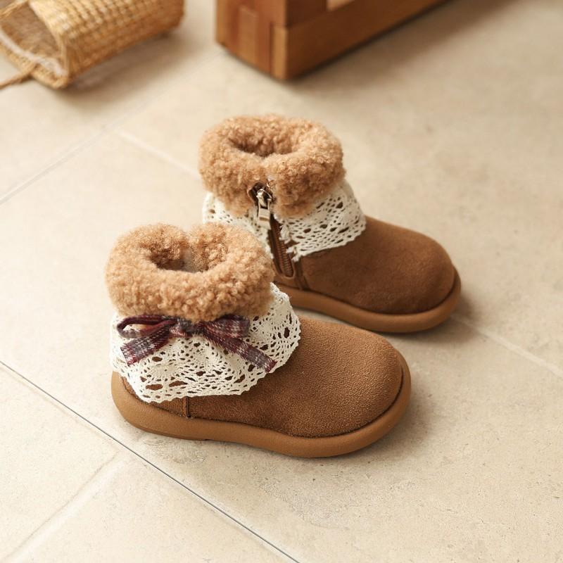 Girls Winter Boots With Bow Trim Faux Suede Side-Zip Ankle Warm Lined Toddlers Kids