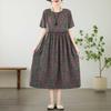Women's Printed Cotton and Linen Short Sleeved Dress, Loose Retro Long Skirt, Summer