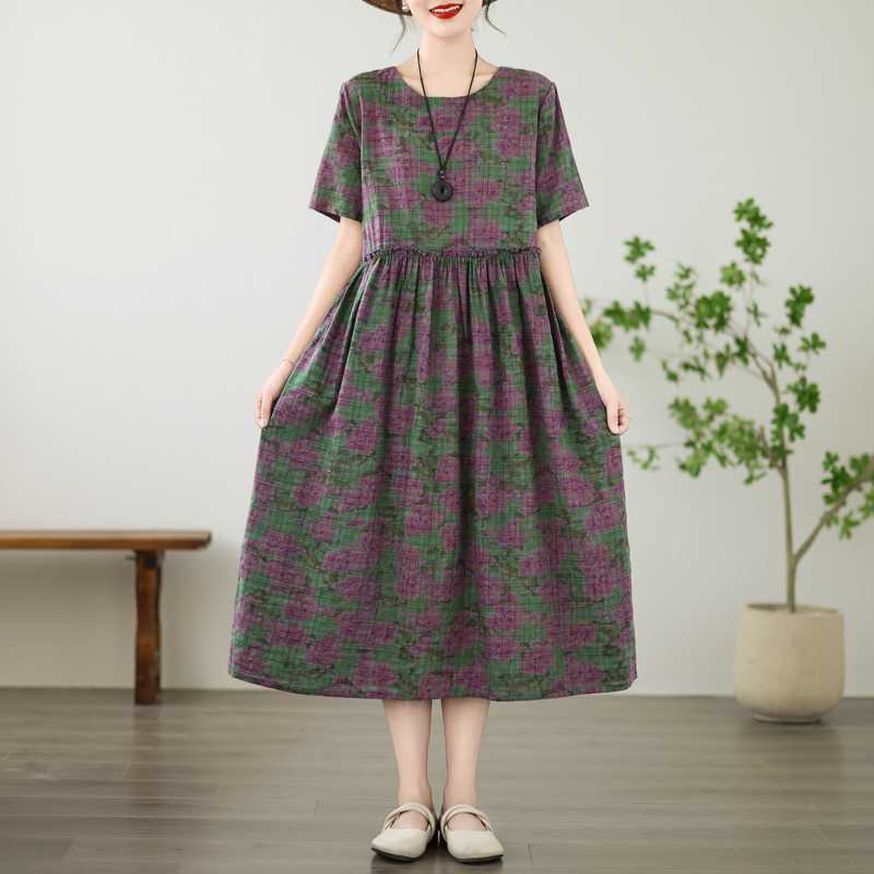 Women's Printed Cotton and Linen Short Sleeved Dress, Loose Retro Long Skirt, Summer
