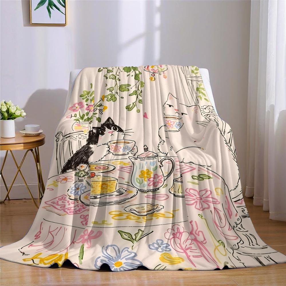 Tea Cats Flannel Blanket Warm Soft Halloween Christmas Couch Warm Cozy Decorative Decor Gift for All Season