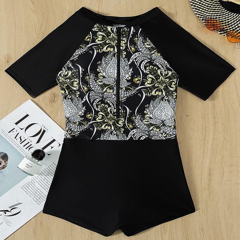 Printed Zipper Conservative One-piece Swimsuit Women Belly Covering Beach Bikini S чёрный