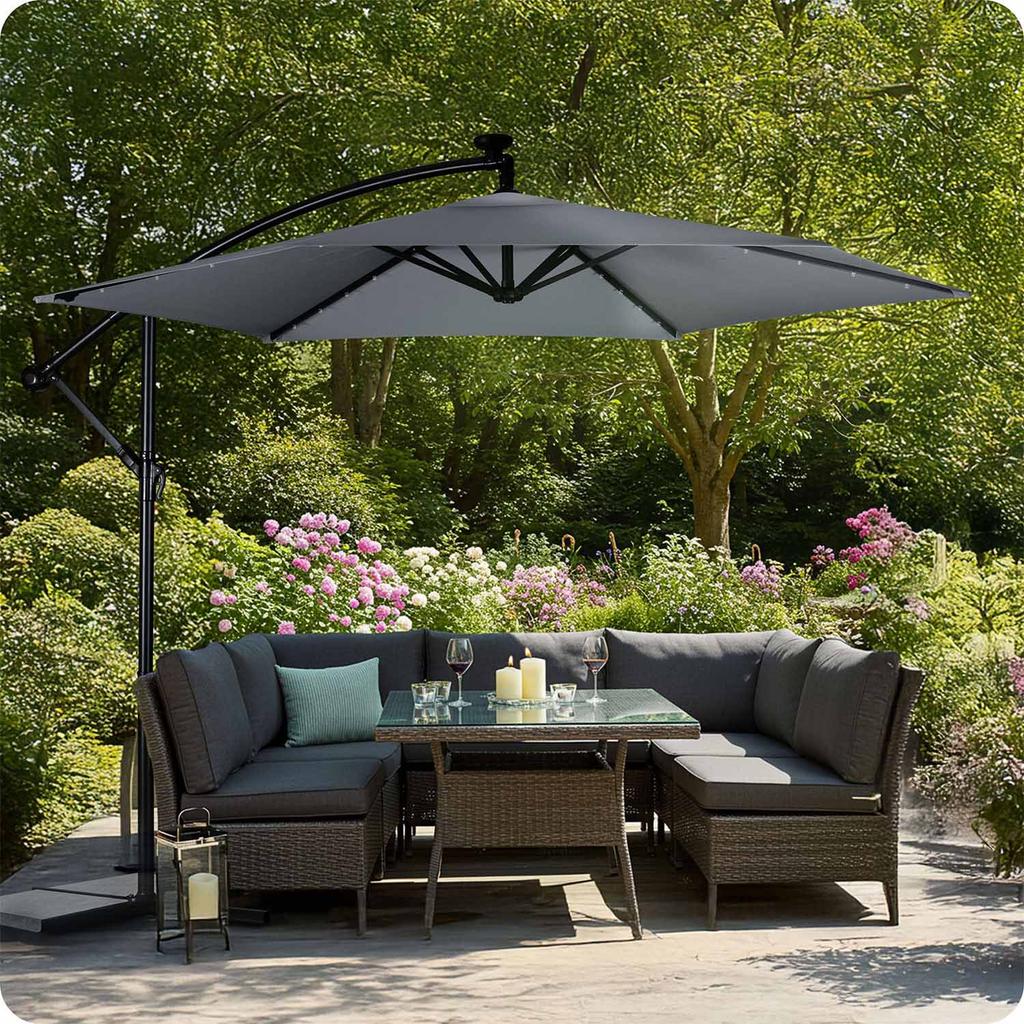 Folding Garden Umbrella, 6 Sections, 350 Cm, With Cover And Lights, Plonos Pl-882