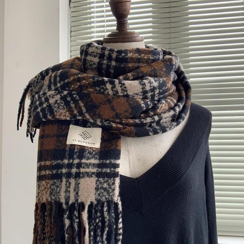 Plaid Scarf Women's Autumn and Winter New Dry Rose Pink Atmosphere Sense Advanced Sense Versatile Thickened Scarf