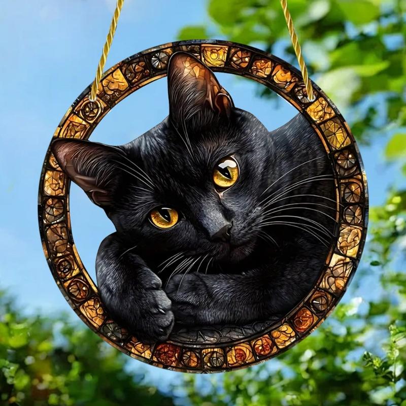 Artistic Black Cats Theme Acrylic Hanging Wreath Decorative Piece For Indoor and Outdoor Use Home Wall Window Ornament