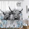 Farmhouse Teal Blue Highland Cow Shower Curtain 60Wx72L Inch Rustic Daisy Floral Funny Cattle Farm Western Animal Wooden Fence B