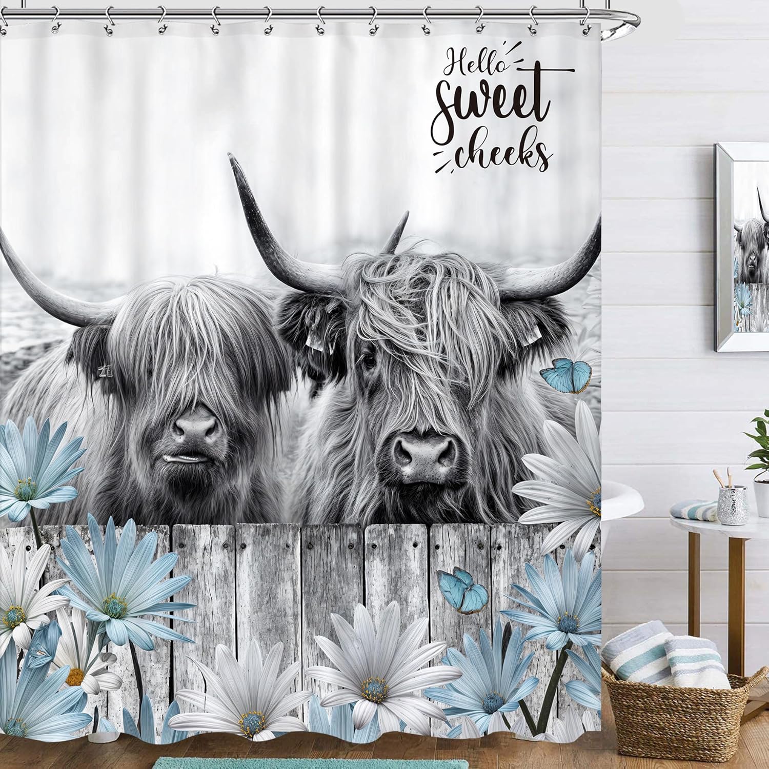 

Farmhouse Teal Blue Highland Cow Shower Curtain 60Wx72L Inch Rustic Daisy Floral Funny Cattle Farm Western Animal Wooden Fence B W60H190(CM)-1 Pcs