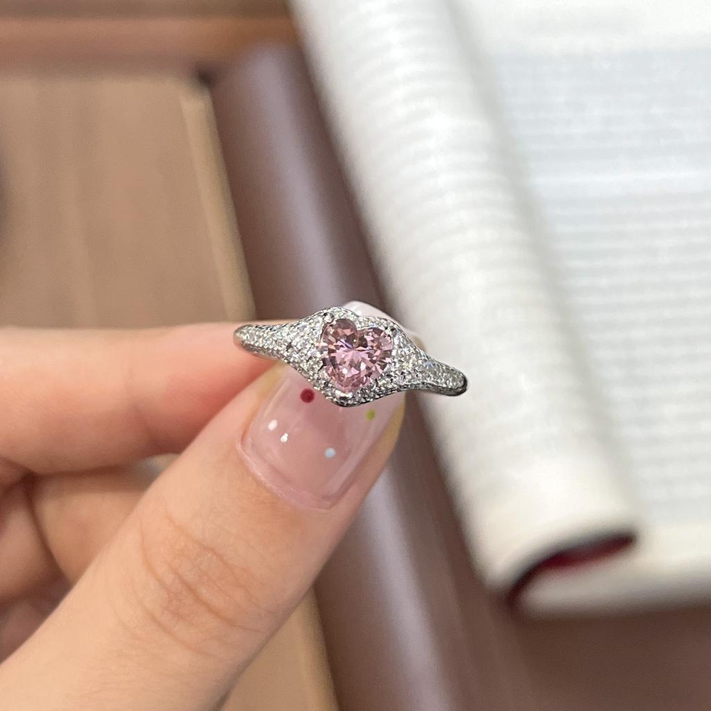 Light luxury High quality   inlaid full diamond heart pink diamond rings for women sweet engagement ring fine jewelry