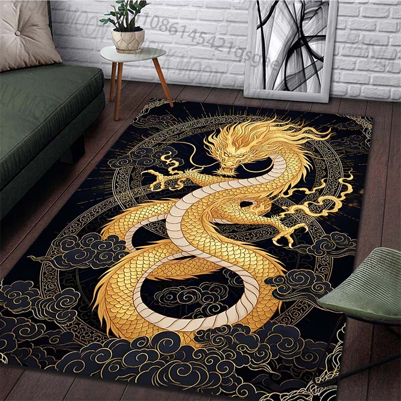 1PC Golden Chinese dragon amid clouds Carpet for Living Room Bedroom Sofa Home Decor Rus Non-slip Floor Mat Luxury Gift