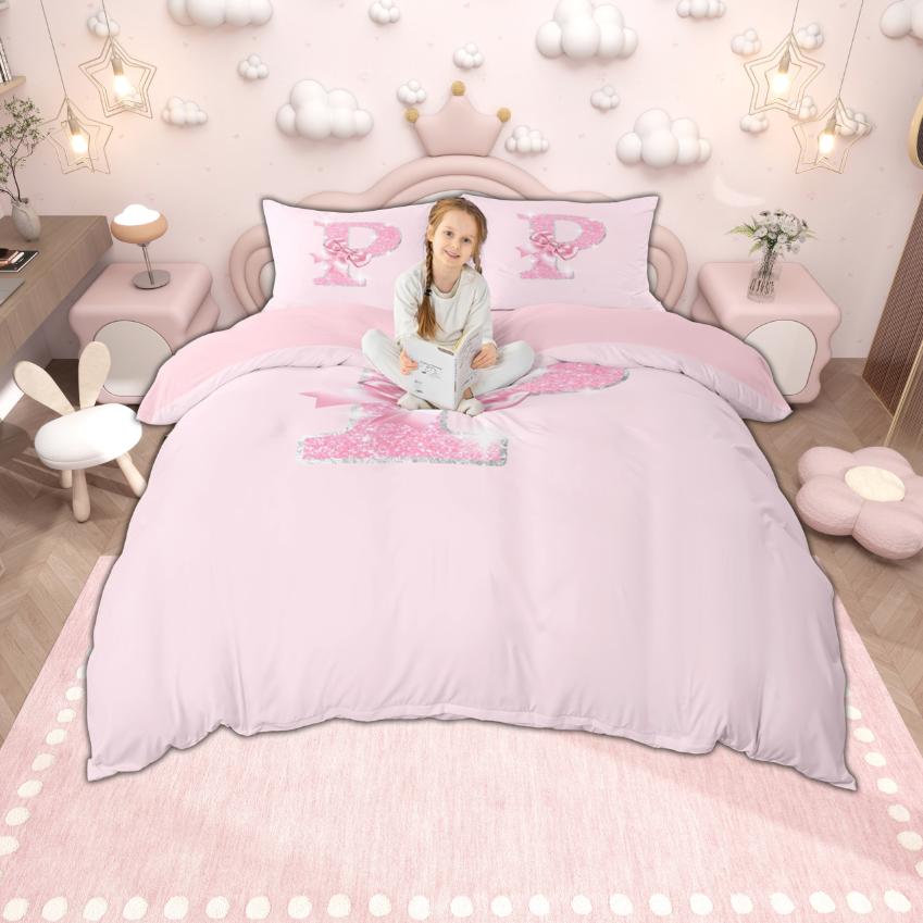 Homewish Personalized Initial Letter O to Z Duvet Cover Set, Dreamy Pink Bow Knot Bedding for Girls, Glitter Print Decor