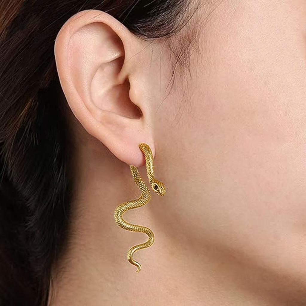 1 Pair Gold Patterned Snake Design Earrings, Vintage Punk Minimalist Style, Creative Unique Earrings Suitable For Gifting, Dating, Clubbing, Y2K