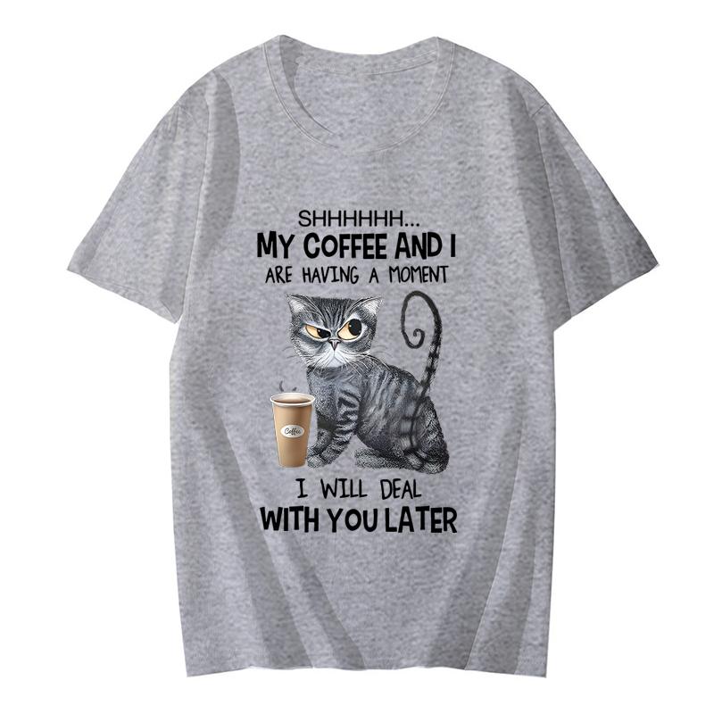 Coffee Cat Print Women Clothes Angry Cat Lover Female Tops Tee Tshirt Fashion Anime Cartoon Tees Ladies Graphic T-Shirt Y2k Tops