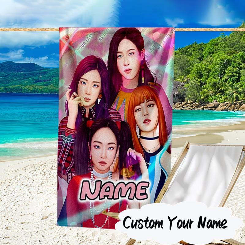 Custom Name Neon Kpop BP Microfiber Beach Towel Super Soft & Absorbent for Bath, Beach, Travel Bath Time Accessory, Fan Gifts