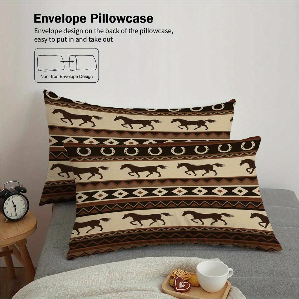 3Pcs Horse Element Design Print Pattern Bedding Set (1 Duvet Cover, 2 Pillowcases, Coreless), Retro Bohemian Pattern