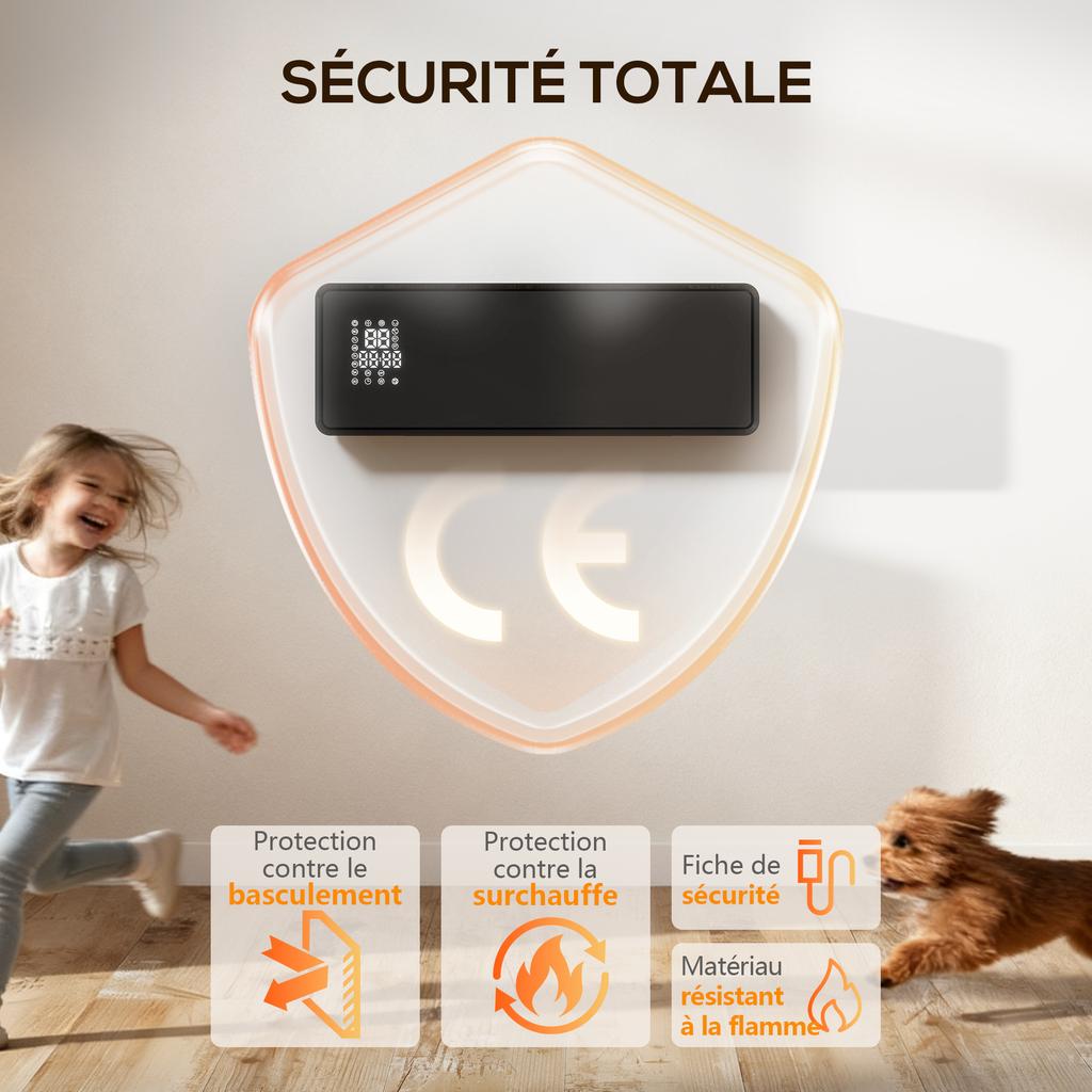 Ceramic Wall Heater 1000/2000W, Electric Radiator, Fan, Thermostat, Timer, 54x18.7x12.3cm, Black