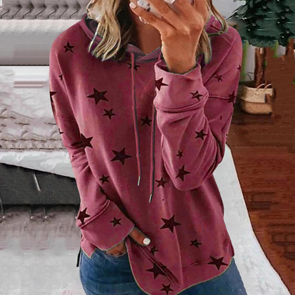 Women Fashion Hooded Star Print Patchwork Long Sleeves Tops Blouse Sweatshirt