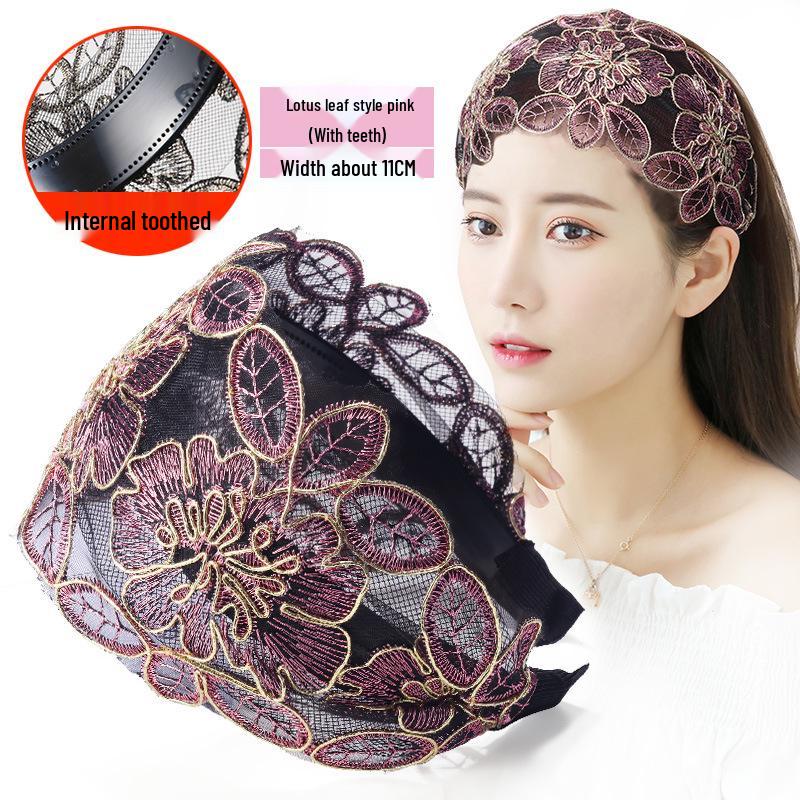 Korean Ethnic Style Embroidered Headband: Wide Lace Hairband for Concealing White Hair, Slimming Face Effect, Fashionable Hair Clip Accessory