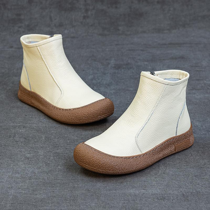 First layer cowhide high-top women's leather flat heel soft sole comfortable side zipper round head new short wool warm