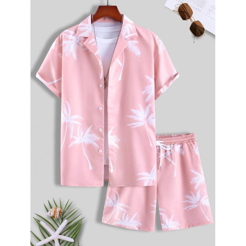Seturi de cămașă cu mânecă scurtă pentru bărbați la modă, cu imprimeu, plajă, nucă de cocos, în carouri, costume hawaiene, cu rever, cămașă ocazională, pantaloni scurți, îmbrăcăminte stradală de vară 3D