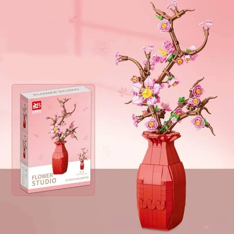 Blocks Building Puzzle Flower Peach Blossom Rose Cherry Blossom Kid Toy Model