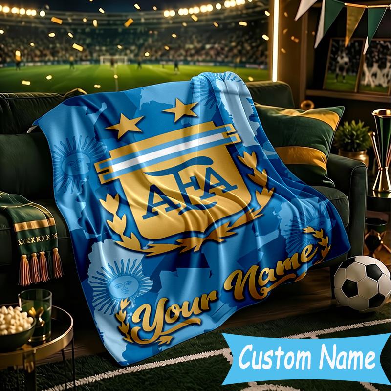 Custom Name Argentina Football Team Flannel Blanket, Use for Birthday/Holiday Gift, Soft Blanket for Sofa/Bed/Camping/Office, Home Decor