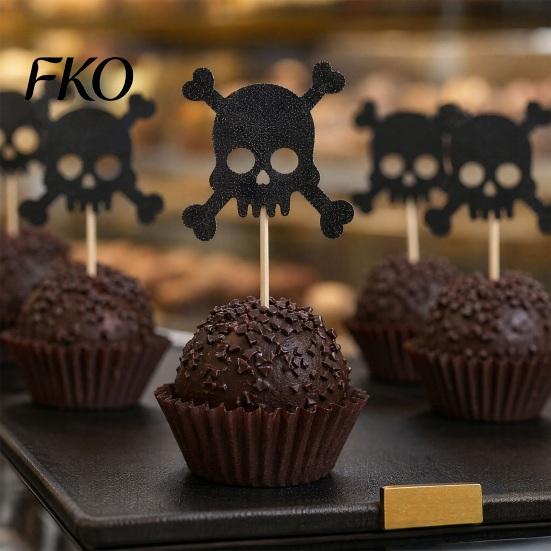 Halloween Baking Supplies 8 Pcs Glitter Cupcake Picks, Spooky Black Skull Durable Cake Topper Toppers, Gothic Birthday Party Decoration for