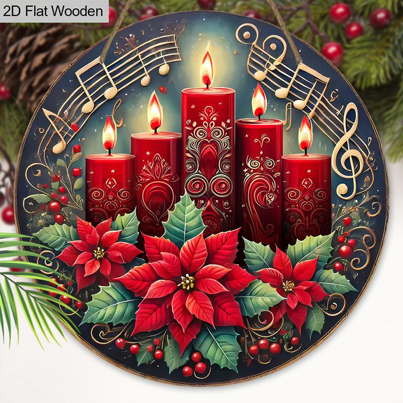 Christmas Wooden Sign with Christmas Candle & Flower Pattern - Navidad Plaque for Front Door, Wall Hanging Decor - Ideal Christmas Ornament