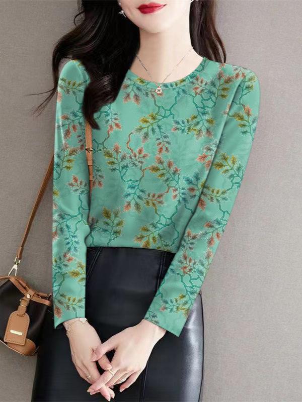 Elegant Floral Round Neck Long-Sleeve T-Shirt for Middle-Aged and Elderly
