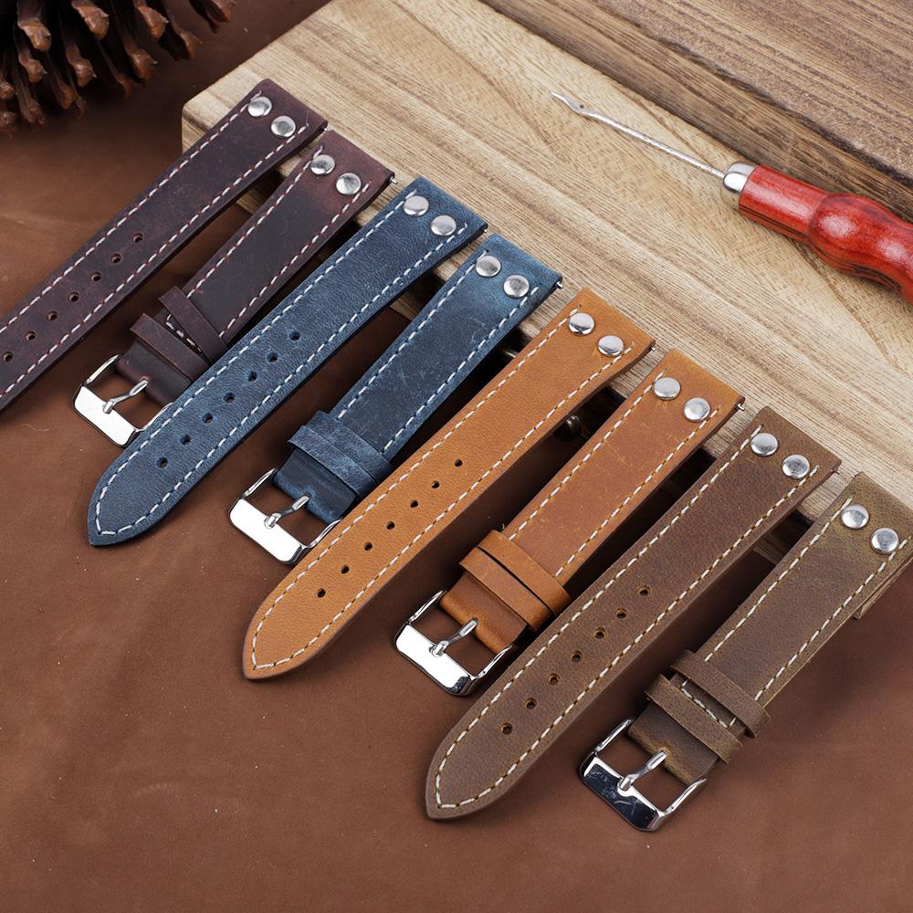 Vintage Leather Rivets Watch Strap 18mm 20mm 22mm Coffee Brown Watchband Stainless Steel Buckle for Men Wrist Belts Bracelet