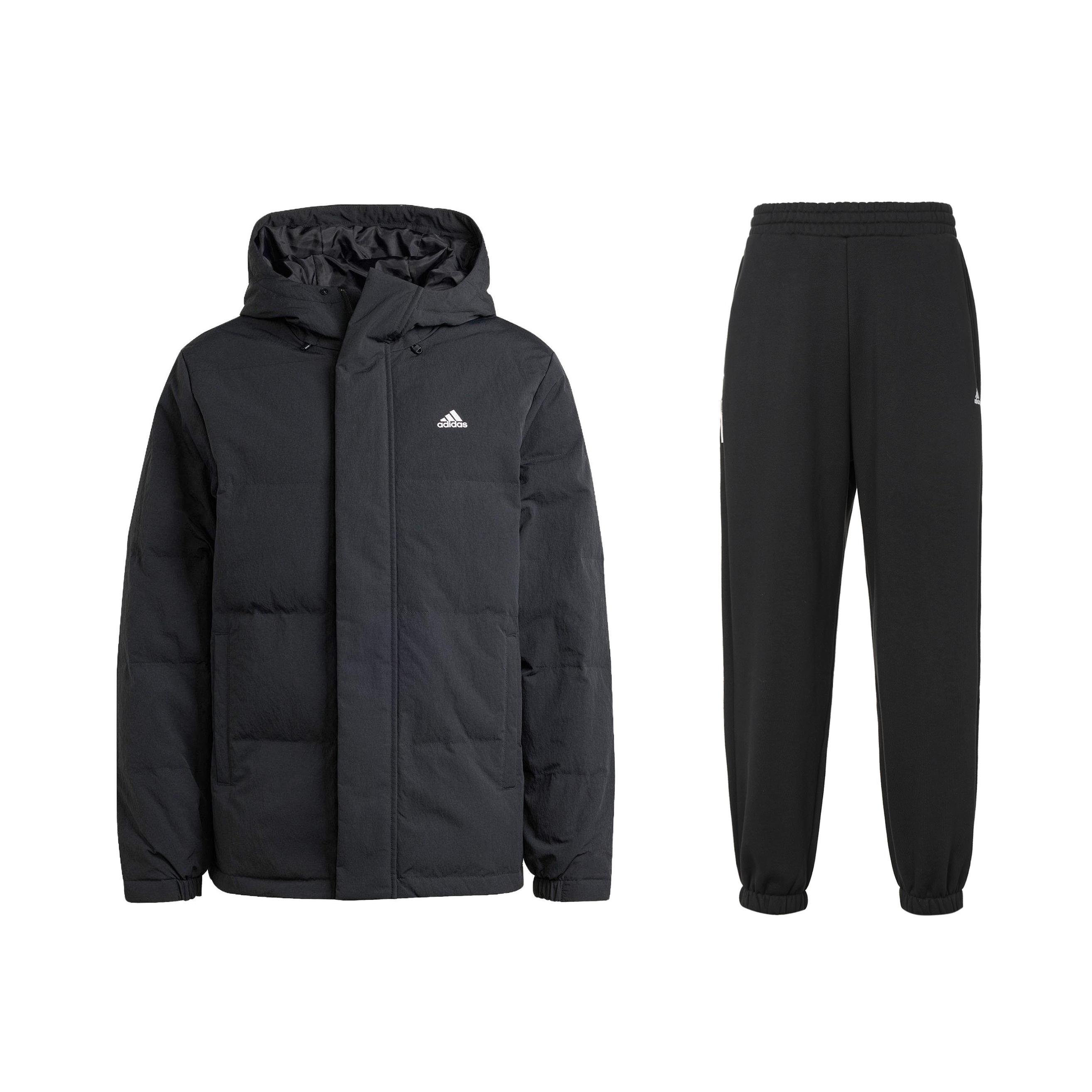 

Adidas Теплая куртка-пуховик с длинными рукавами и капюшоном, свободные трикотажные спортивные штаны, повседневный спортивный костюм, мужской костюм черного цвета IZ4883+IV7603 M