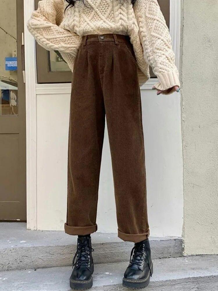 Pantalones casuales de estilo coreano con bolsillos y todo a juego para mujer, pantalones de pana vintage, pantalones rectos de cintura alta para primavera