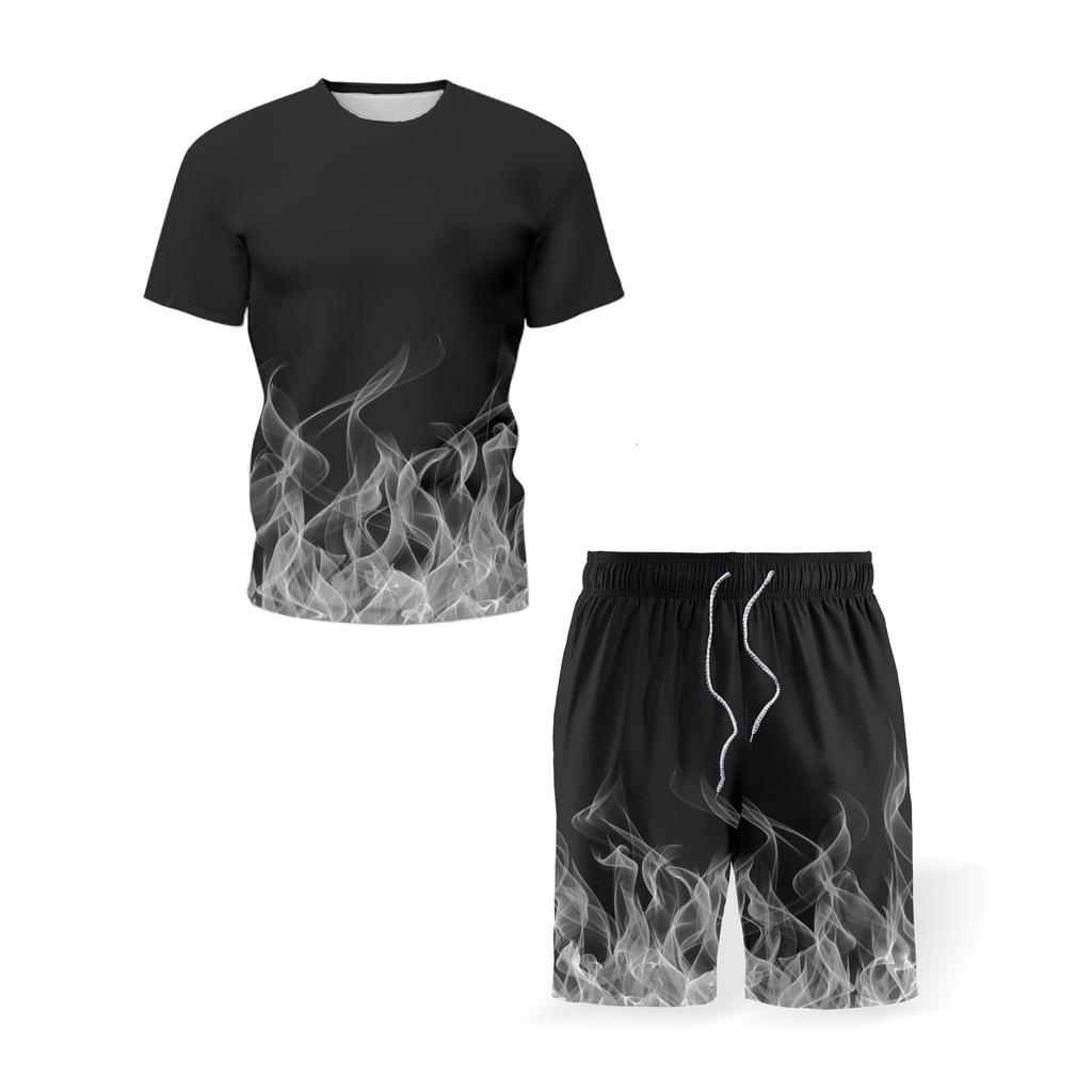 Trainingsanzug-Sets für Männer, bunte Flammen, Feuer, T-Shirt und Shorts, zweiteiliger Anzug, Übergröße 6XL, lässige Streetwear, männlich, 2021 Sommermode