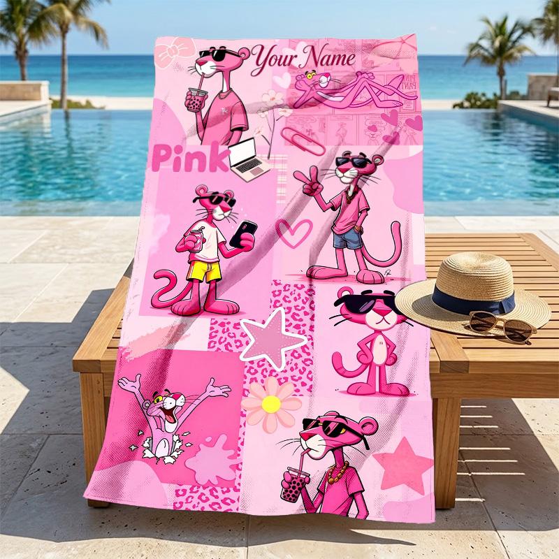 Custom Name Pink Panther Stylish Digital Printing Beach Towel Quick‑Drying Absorbent Blanket for Beach Pool Gym Travel