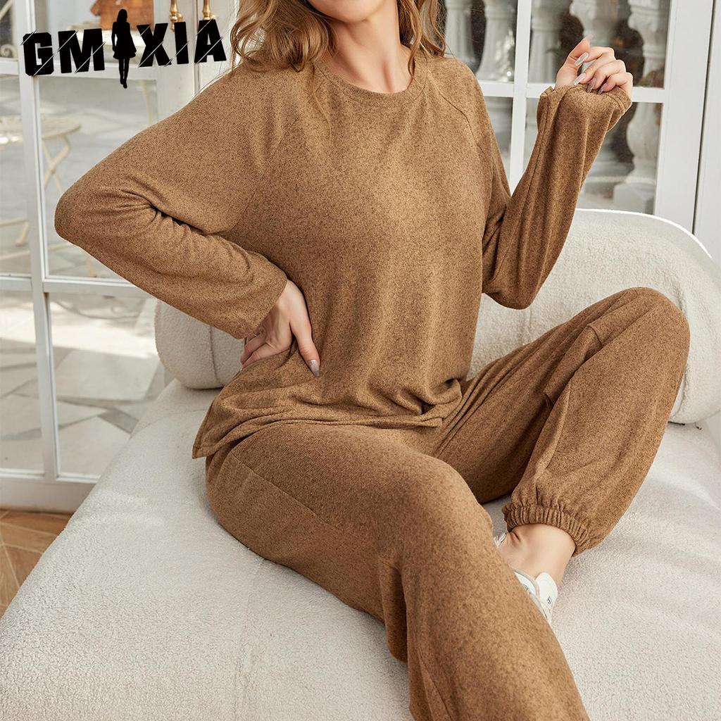 GMXIA Women's Homewear Suit Autumn and Winter Long-sleeved Drawstring Trousers Two-piece Suit Pajamas