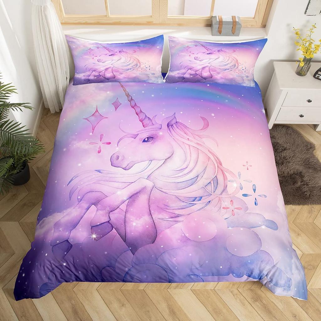 Unicorn Duvet Cover Set Cartoon Animal Galaxy Star Floral Bedding Set For Kids Girls Polyester Romantic Theme Comforter Cover