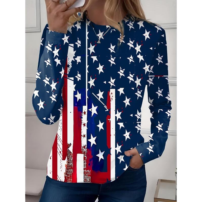 Women's T shirt Long Sleeve Crew Neck Long Sleeve Tunic Graphic Flag Top