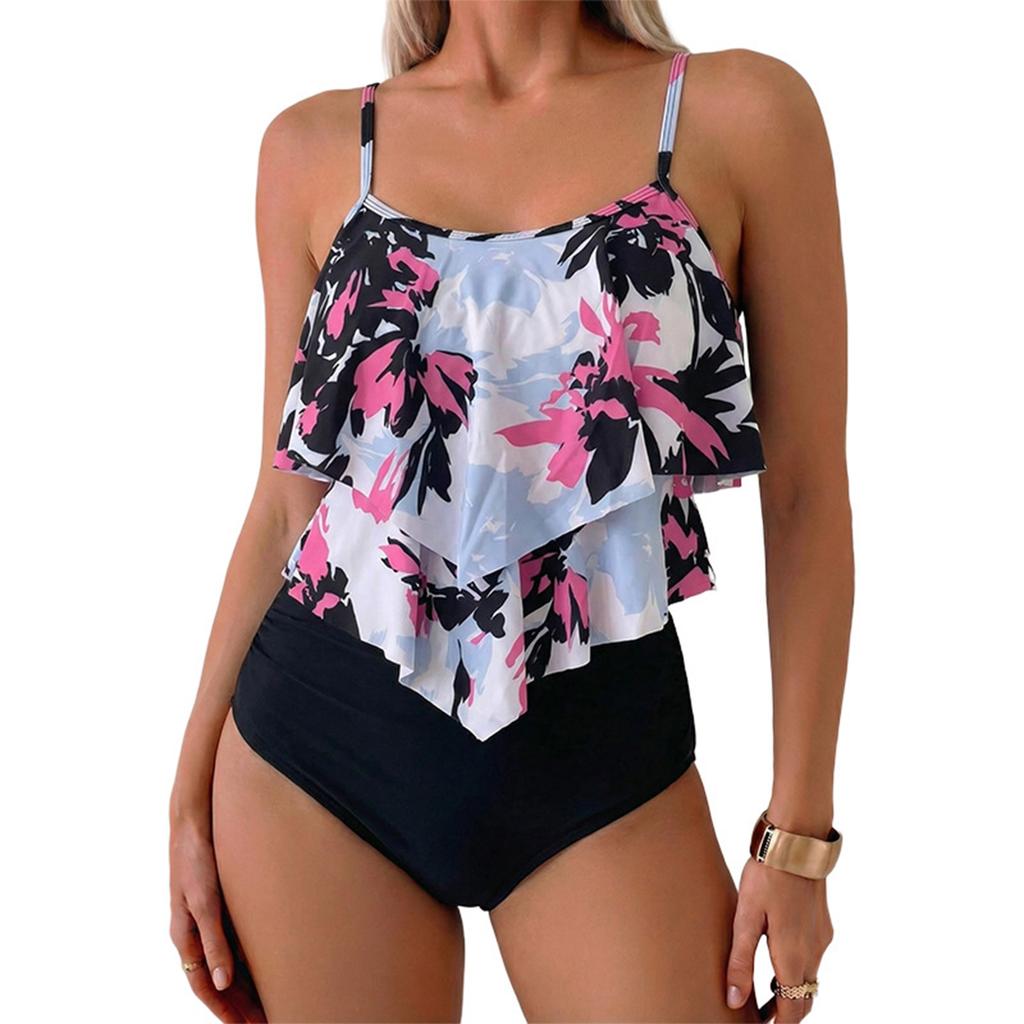 Women’s Two Piece Swimsuit Ruffle Tankini Top with Adjustable Straps and High Waist Floral Printed Bottoms