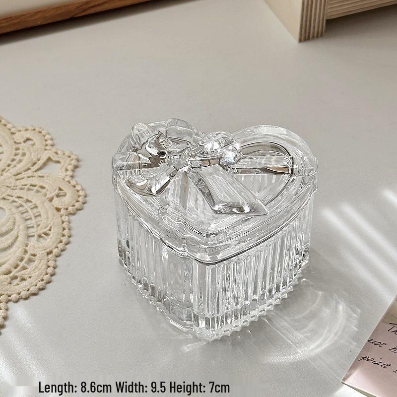 Heart-Shaped Glass Jewelry Box with Bow - European Embossed Retro Decor