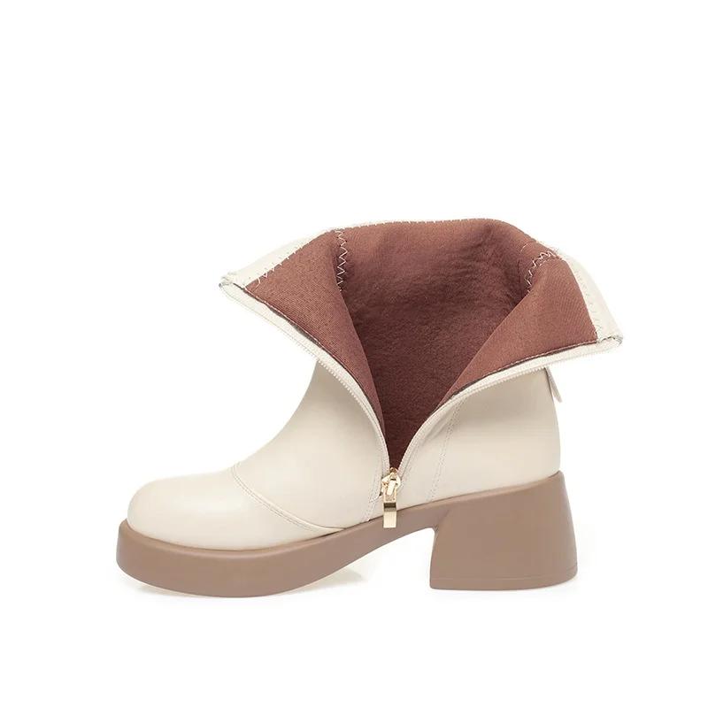 

5.5cm Elegant Soft Leather Short Ankle Boots Women Platform Shoes Fall Winter 2025 Med Block Heels Plush Warm Boots Office Mom 35
