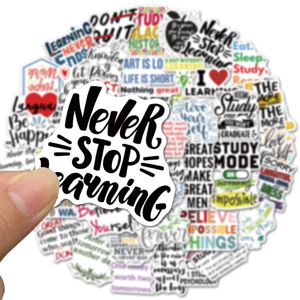 50 Inspirational English Learning Slogans Graffiti Stickers: Waterproof and Removable for Cups, Notebooks, Phones, Suitcases.