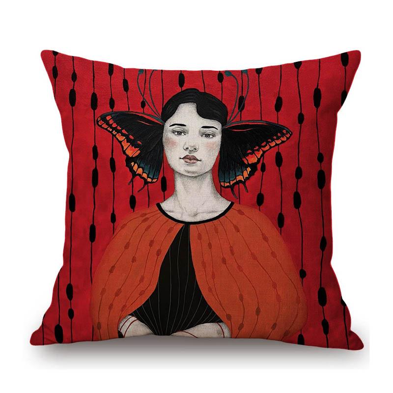 Vintage Argentina Artist Flower Leaves Background Fashion Girl Comic Beautiful Cotton Linen Sofa Pillow Case Cute Cushion Cover