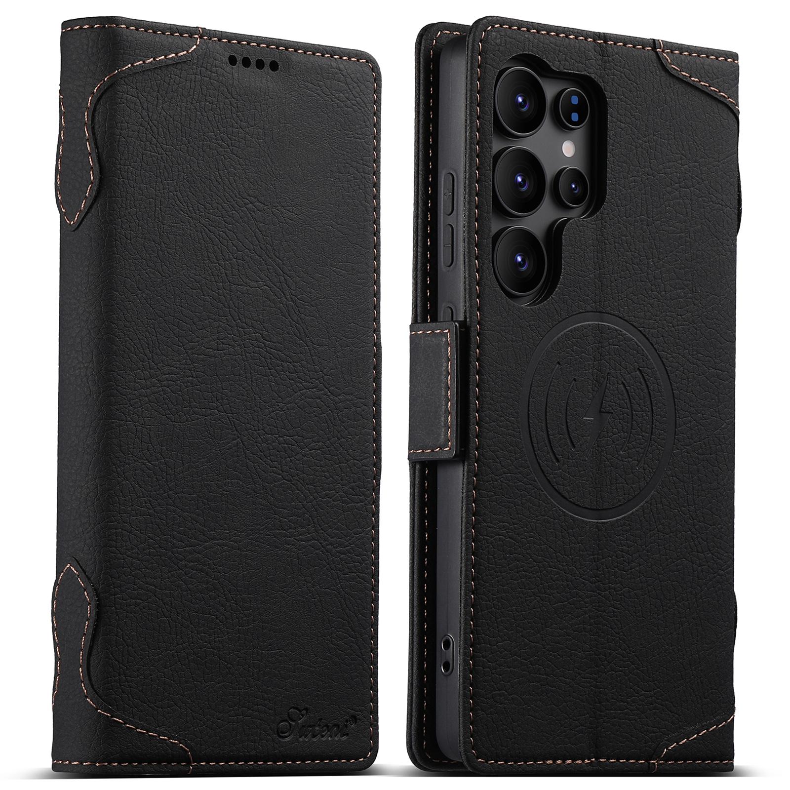 

SUTENI J07 For Samsung Galaxy S23 Ultra Case Compatible with MagSafe Litchi Texture Leather Wallet Phone Cover Black