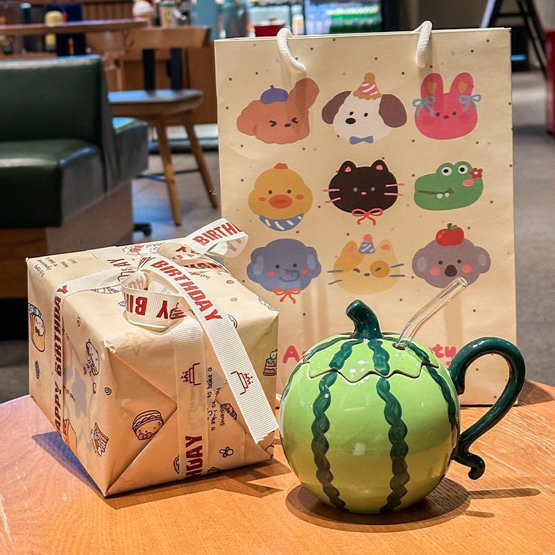Cute and funny watermelon straw cup, girls' high-value ceramic mug with lid, birthday gift box.
