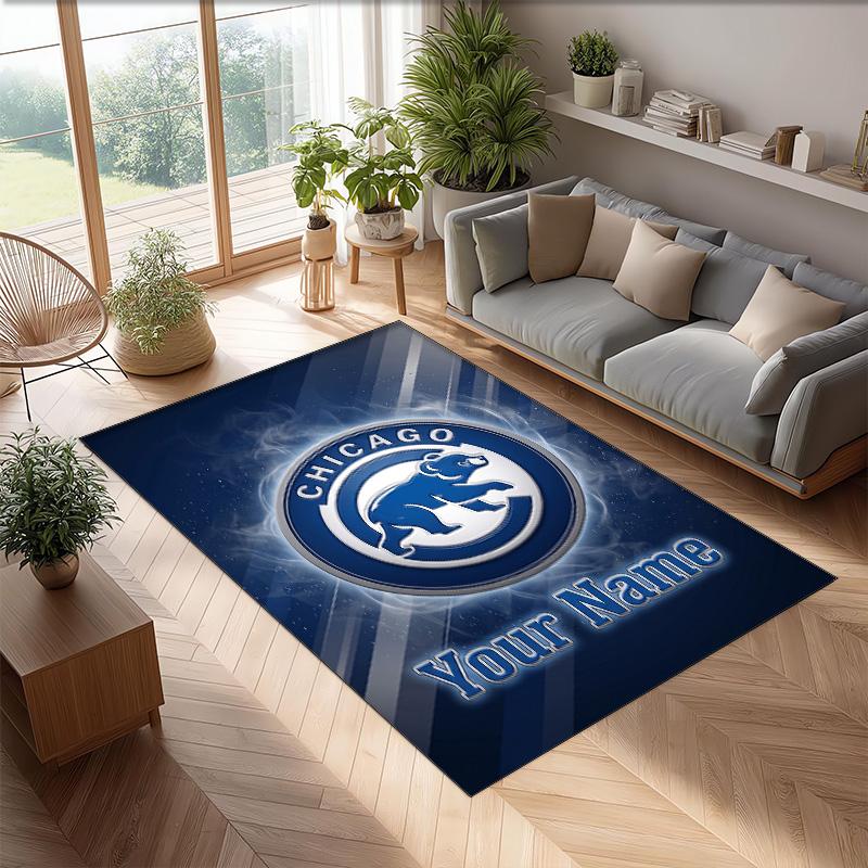 Chicago Cubs Crystal Velvet Rug, Custom Name Text Personalized Non‑Slip Floor Mat for Home Decor Gift