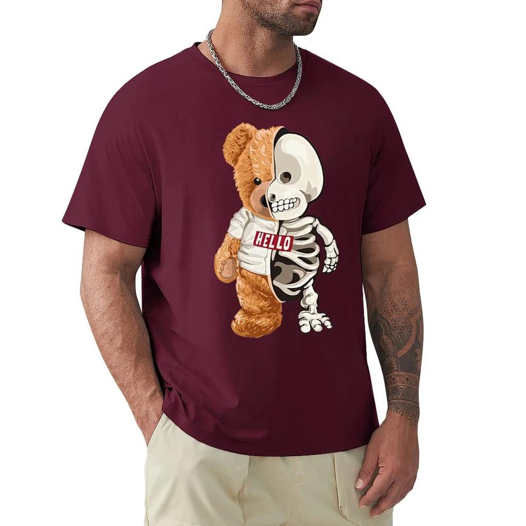 Hello Skeleton Teddy Bear T Shirt Harajuku Short Sleeve T-shirt 100% Cotton Graphics Tshirt Tops